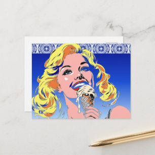 Blonde Eating Ice Cream Colourful 60s Pop Art Styl Postcard