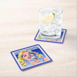 Blonde Eating Ice Cream Colourful 60s Pop Art Styl Square Paper Coaster