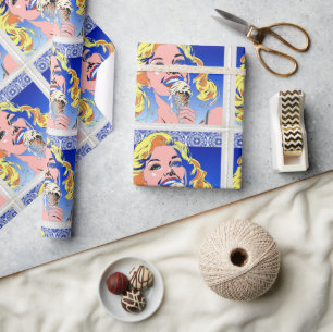 Blonde Eating Ice Cream Colourful 60s Pop Art Styl Wrapping Paper