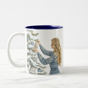 Blonde Female Decorating Christmas Tree Two-Tone Coffee Mug