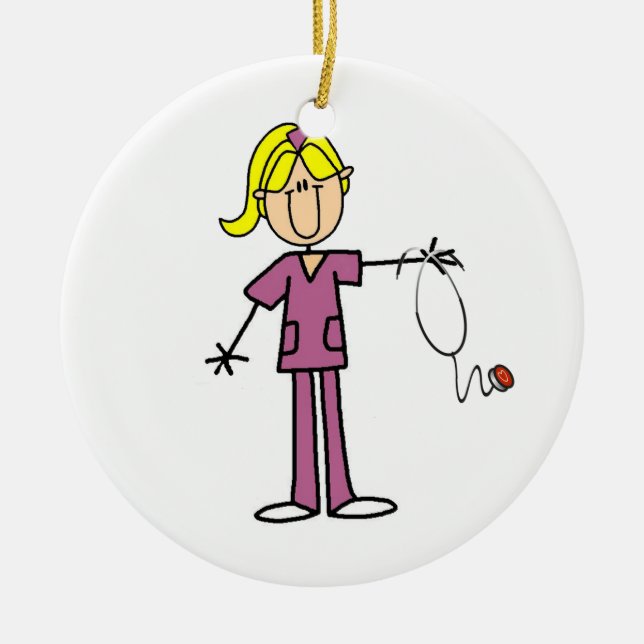 Blonde Female Stick Figure Nurse Ceramic Tree Decoration (Front)