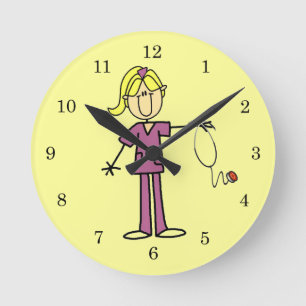 Blonde Female Stick Figure Nurse Round Clock