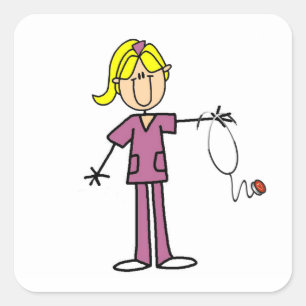 Blonde Female Stick Figure Nurse Square Sticker