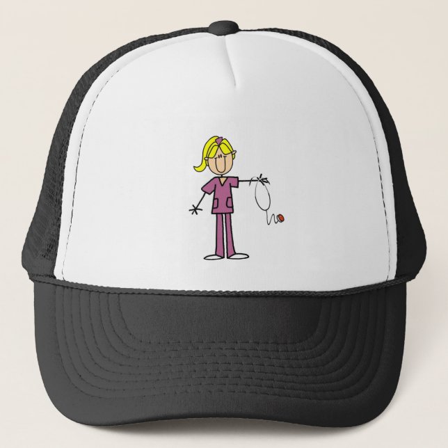 Blonde Female Stick Figure Nurse T-shirts Trucker Hat (Front)