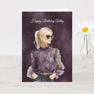 Blonde Female Sunglasses Purple Blouse Birthday Card