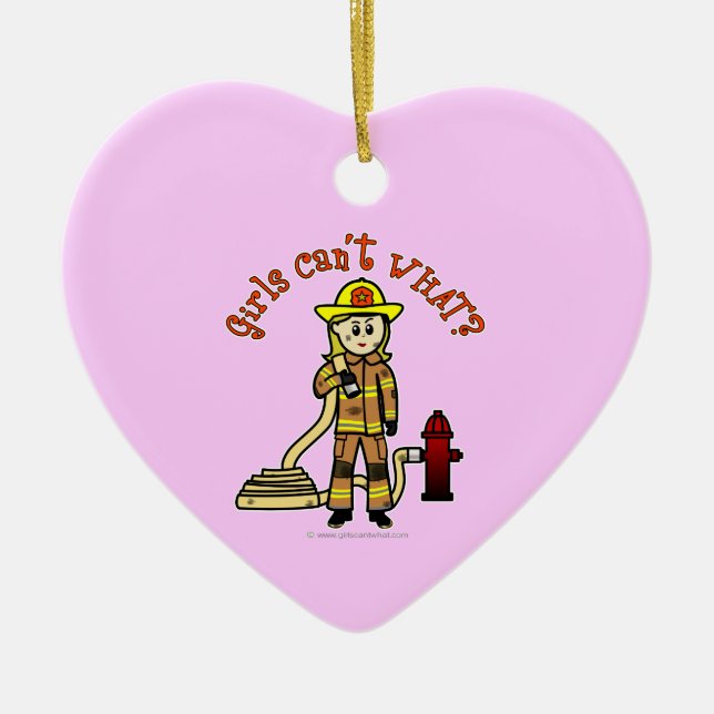 Blonde Firefighter Girl Ceramic Tree Decoration (Front)