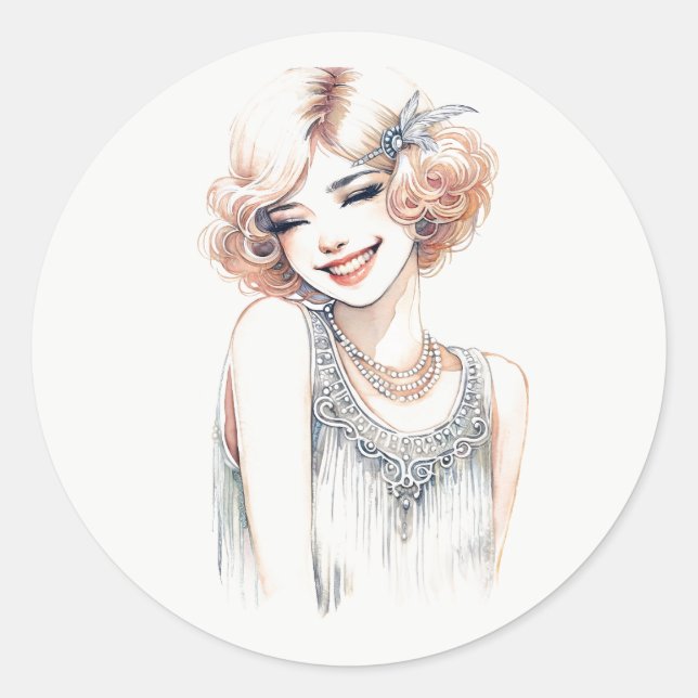 Blonde Flapper Smiling Classic Round Sticker (Front)