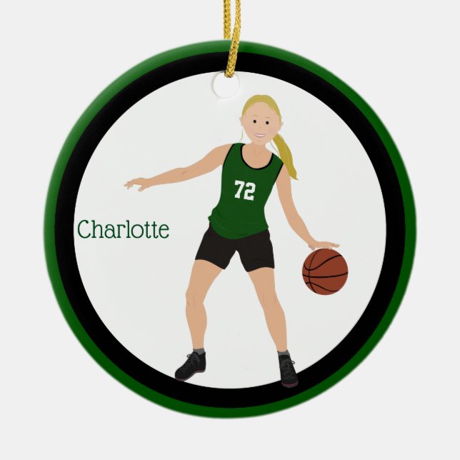 Blonde Girl Basketball Player In Green And Black Ceramic Tree Decoration (Front)