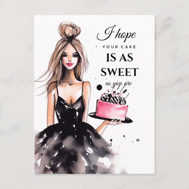Blonde girl black dress birthday cake watercolor postcard (Front)