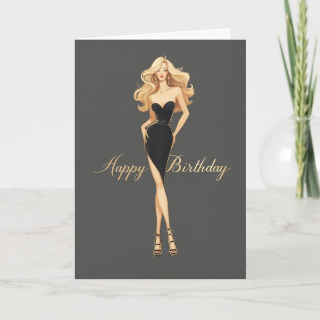Blonde Girl Black Dress Glam Fashionista BDay Card (Front)