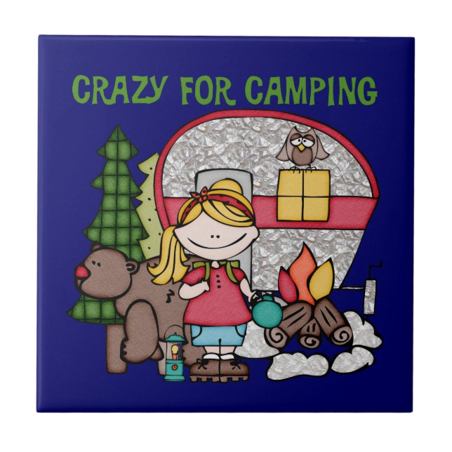 Blonde Girl Crazy For Camping Tile (Front)