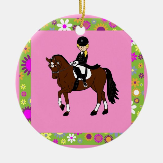 Blonde girl dressage horse rider caricature ceramic tree decoration (Front)