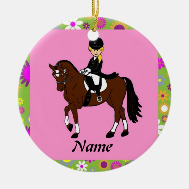 Blonde girl dressage horse rider caricature ceramic tree decoration (Front)