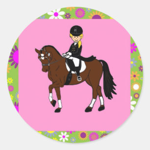 Blonde girl dressage horse rider caricature classic round sticker