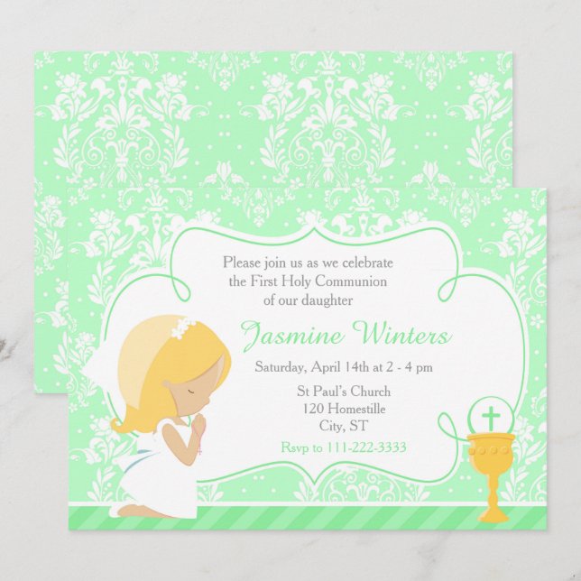 Blonde Girl First Communion Damask Invitation (Front/Back)
