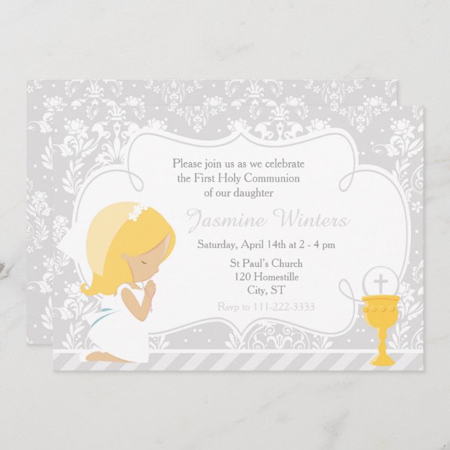 Blonde Girl First Communion Damask Invitation (Front/Back)