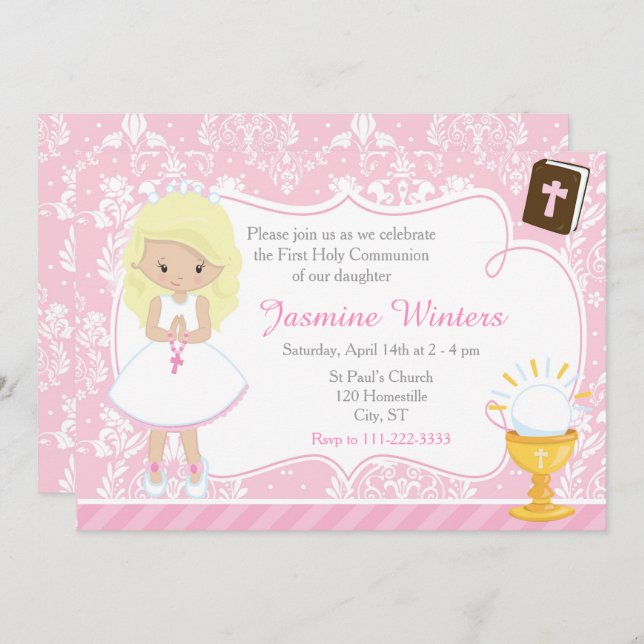 Blonde Girl First Communion Damask Invitation (Front/Back)