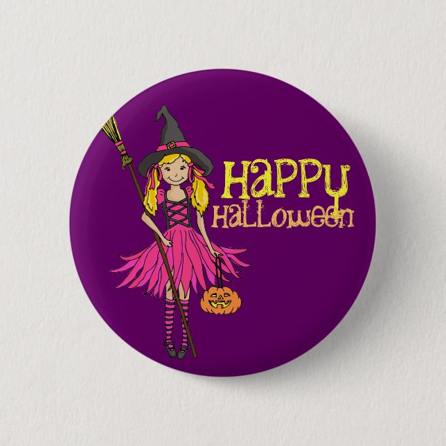 Blonde girl happy Halloween kids button badge (Front)