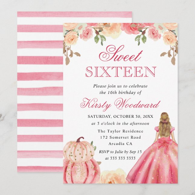 Blonde Girl in Pink Dress Floral Pumpkins Sweet 16 Invitation (Front/Back)