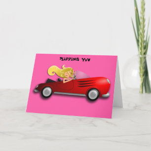 Blonde Girl in Red Sports Car Card