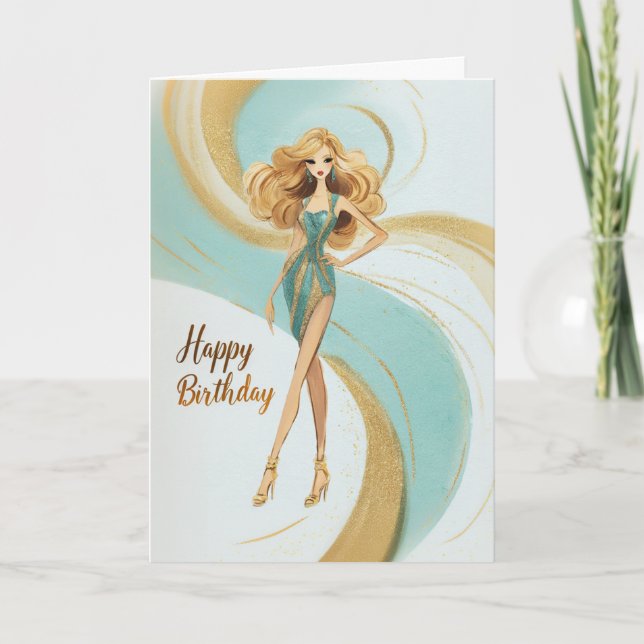 Blonde Girl in Teal Gold Glam Fashionista Birthday Card (Front)