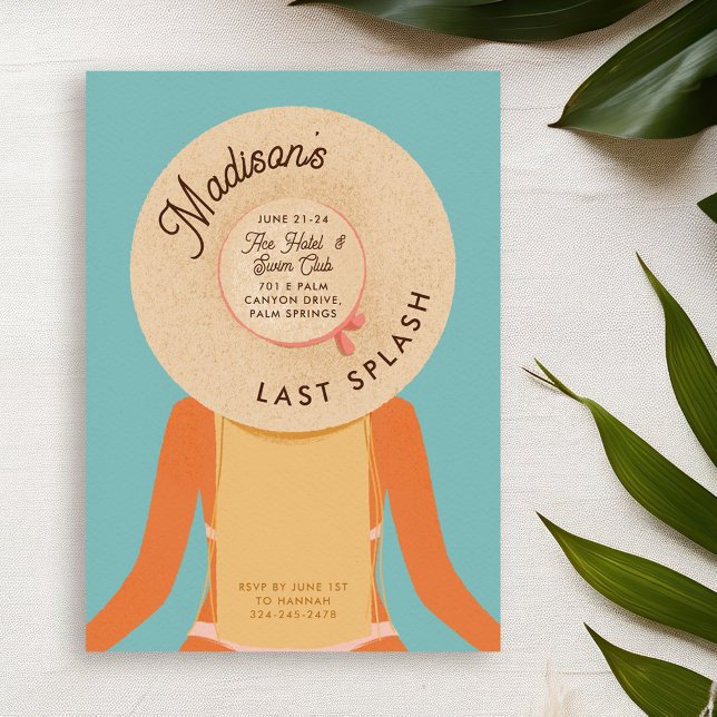 Blonde Girl Palm Springs Bachelorette Pool Party Invitation (blonde hair and tan skin girl wearing a beach hat - bachelorette pool party invitation)