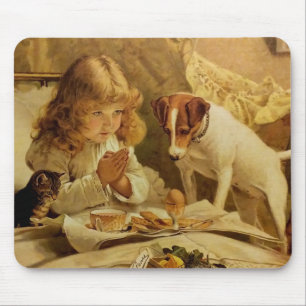 Blonde Girl Praying with her Dog and Cat Mouse Pad