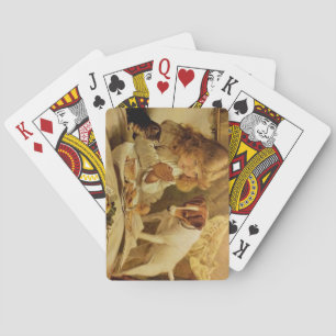 Blonde Girl Praying with her Dog and Cat Playing Cards