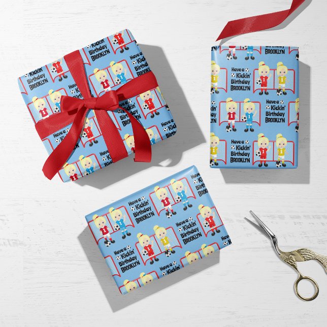 Blonde Girl Soccer Personalised Wrapping Paper Sheet (Creator Uploaded)