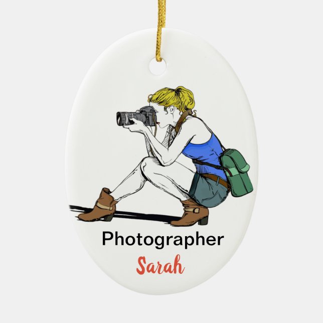 Blonde Girl with a Camera - Customisable Ceramic Tree Decoration (Front)