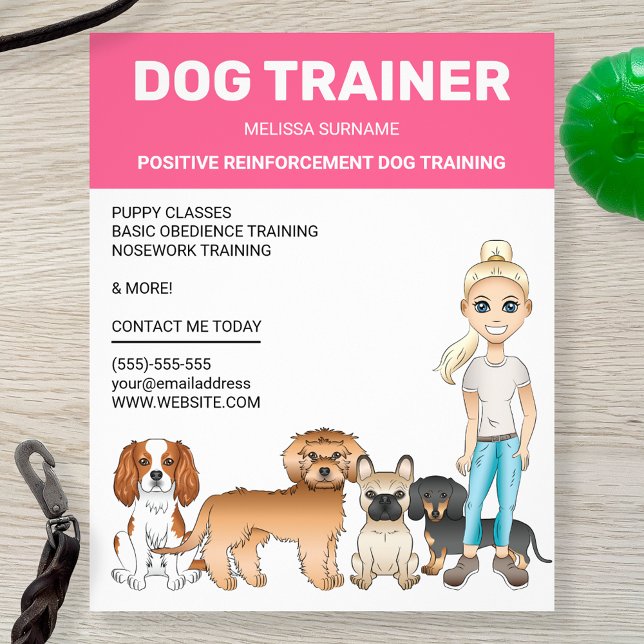 Blonde Girl With Dogs Personalizable Dog Trainer Flyer (Cute design for anyone who works with dogs whether a dog trainer, a groomer, a dog walker...)