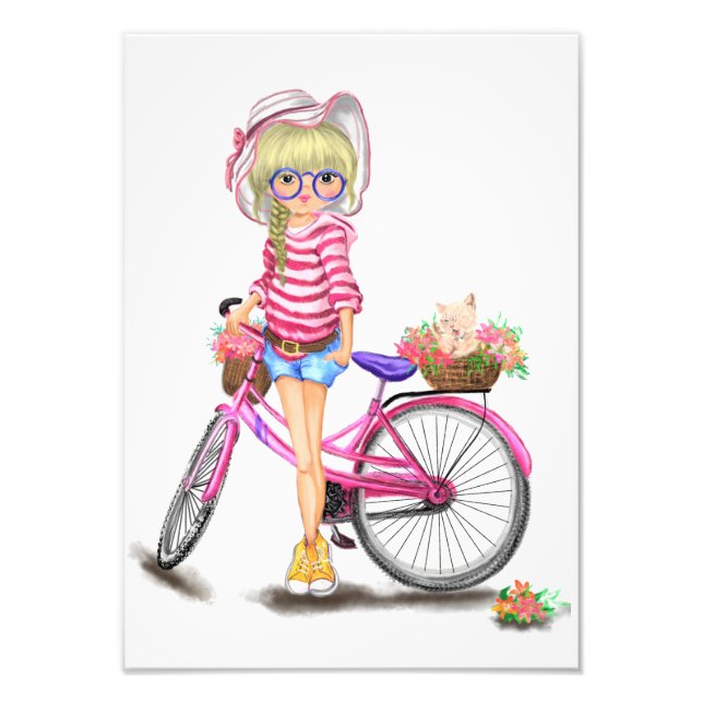 Blonde Girl with Pink Bike Photo Print (Front)
