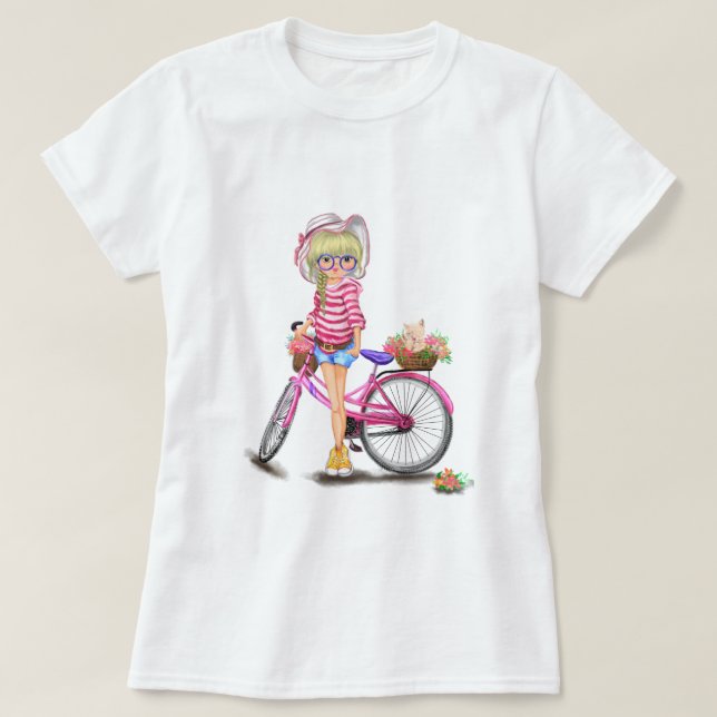 Blonde Girl with Pink Bike T-Shirt (Design Front)
