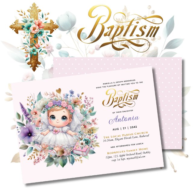 Blonde Girl's BAPTISM Purple Gold Floral Cross Invitation (Creator Uploaded)