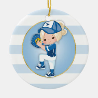 Blonde Girls Blue Softball Ceramic Tree Decoration