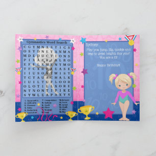 Blonde Girls Gymnastics Word Search Happy Birthday Card