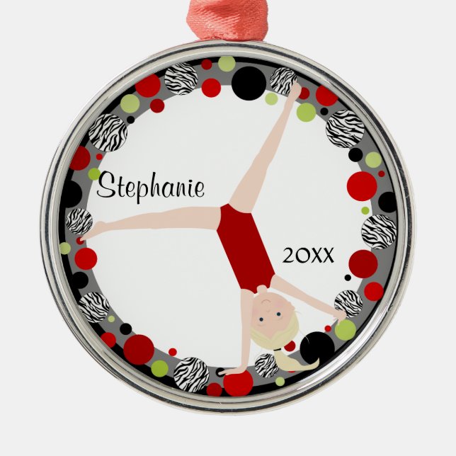 Blonde Gymnast in Red, Black & Green Personalised Metal Tree Decoration (Front)