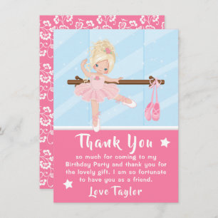 Blonde Hair Ballerina Pink Birthday Thank You Card