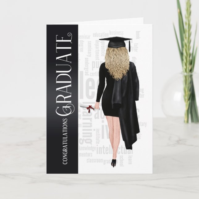 Blonde Hair Black Cap and Gown Female Graduate Car Card (Front)