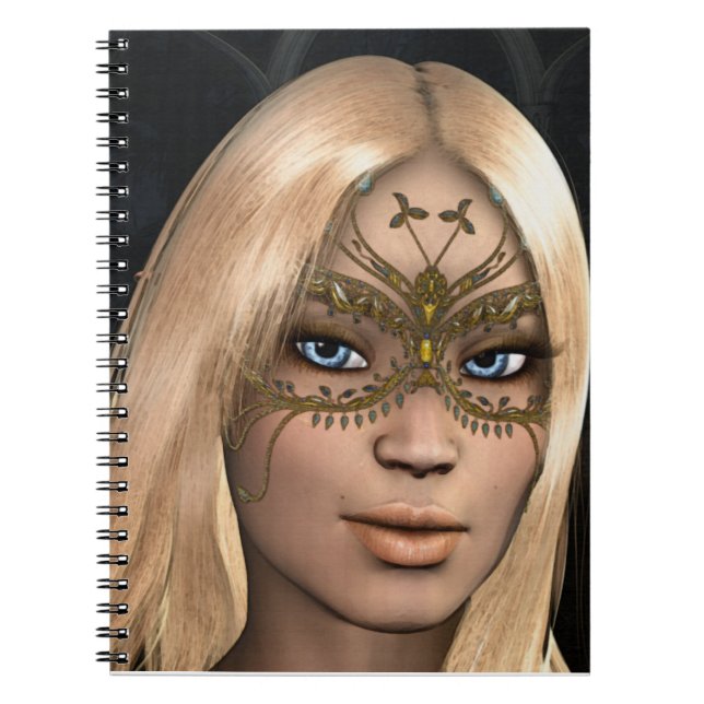 Blonde Hair Blue Eyes Golden Butterfly Mask Spiral Notebook (Front)