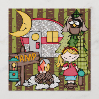Blonde Hair Girl Camping Birthday Invitations