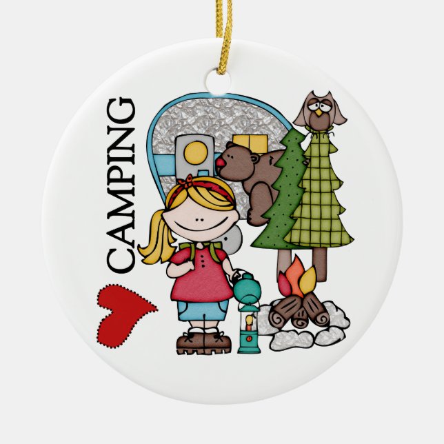Blonde Hair Girl I Love Camping Ceramic Tree Decoration (Front)