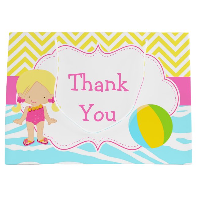 Blonde Hair Girl Pool Party Bash Thank You Large Gift Bag (Front)