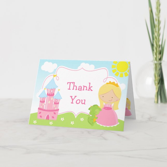 Blonde Hair Princess and Dragon Thank You Card (Front)