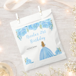 Blonde Hair Princess Blue Floral Birthday Party Favour Bags