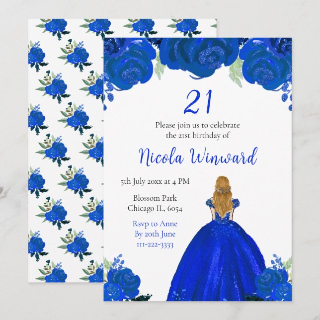 Blonde Hair Princess Blue Floral Birthday Party Invitation (Front/Back)