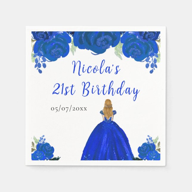 Blonde Hair Princess Blue Floral Birthday Party Napkin (Front)