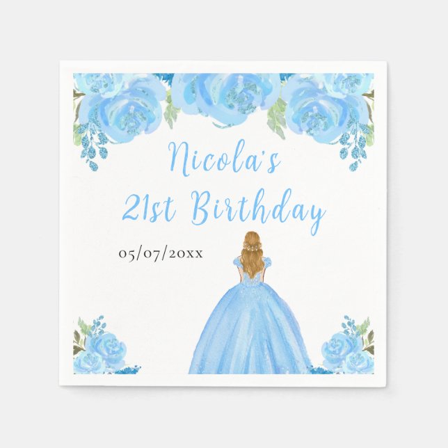 Blonde Hair Princess Blue Floral Birthday Party Napkin (Front)