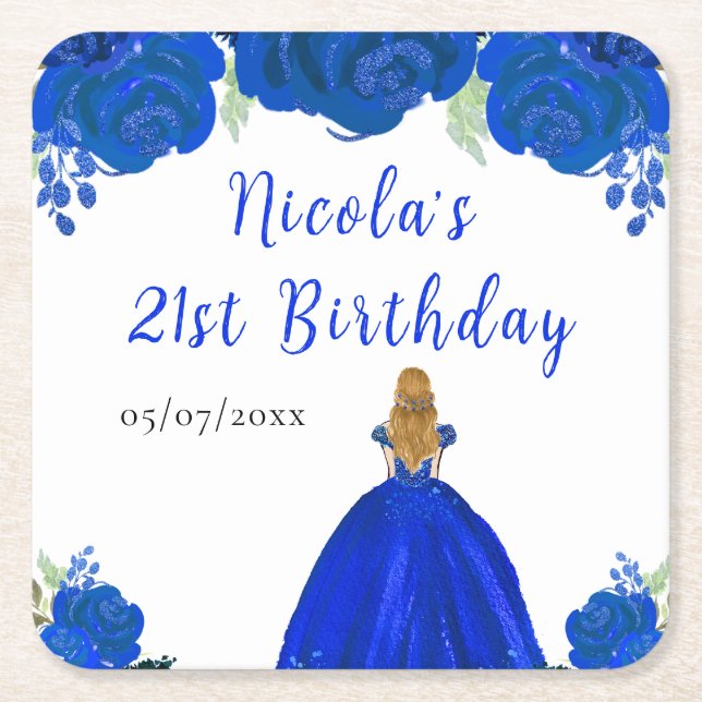 Blonde Hair Princess Blue Floral Birthday Party Square Paper Coaster (Front)