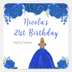 Blonde Hair Princess Blue Floral Birthday Party Square Sticker